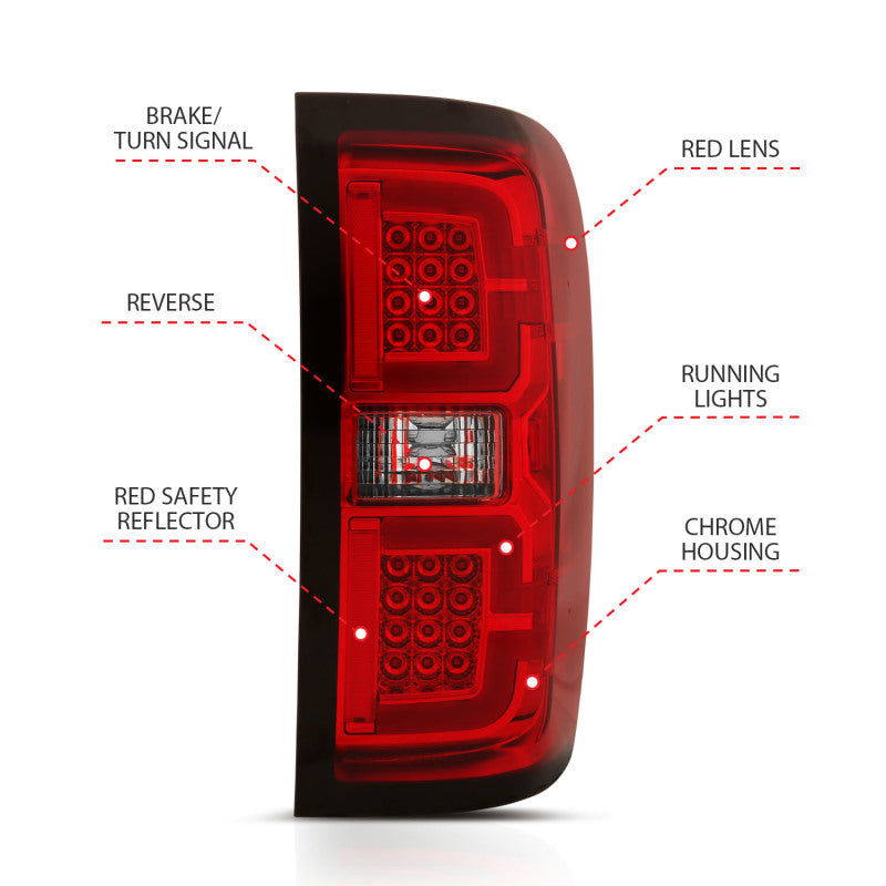 ANZO LED taillights for 2014-2018 Chevy Silverado 1500 in red and clear design, showcasing modern styling and enhanced visibility.