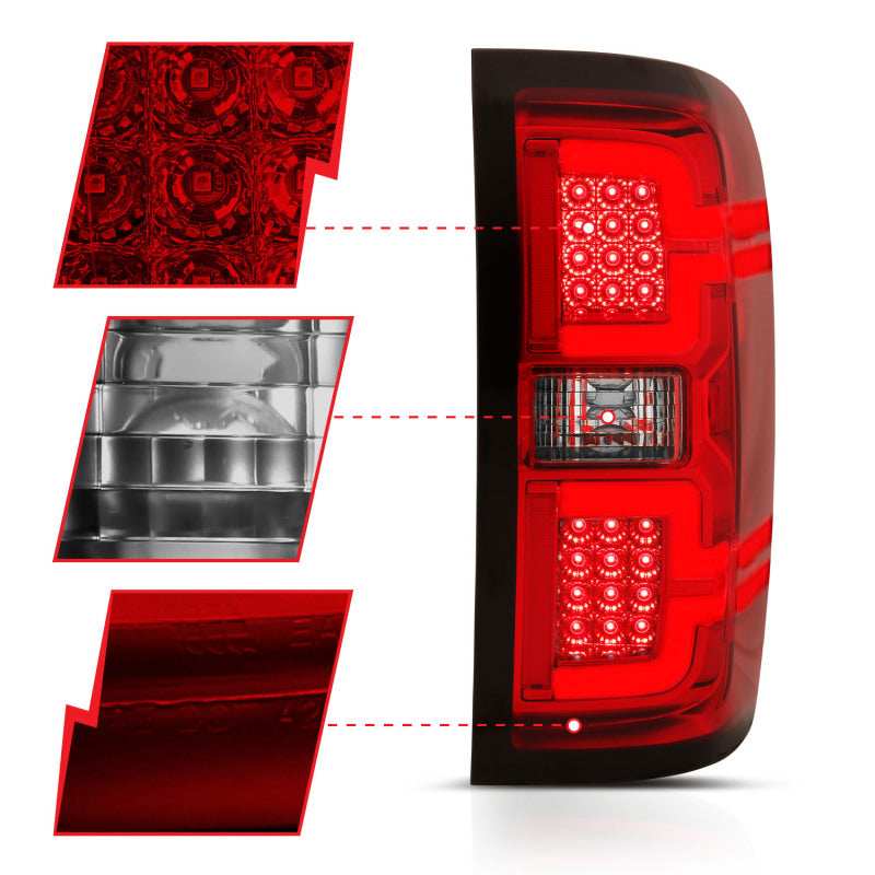 ANZO LED taillights for 2014-2018 Chevy Silverado 1500 in red and clear design, showcasing modern styling and enhanced visibility.