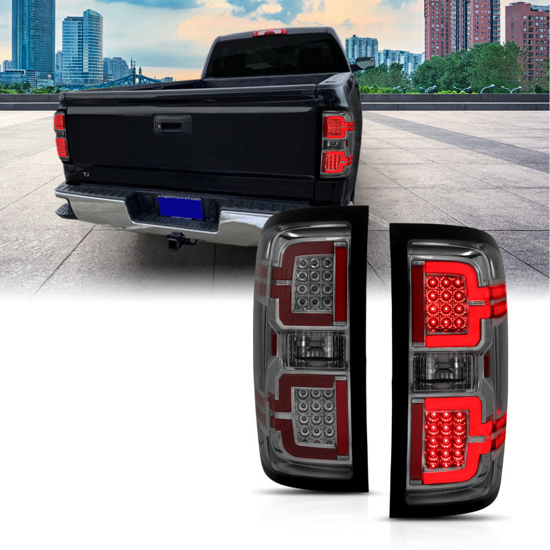 ANZO LED taillights for 2014-2018 Chevy Silverado 1500 with a smoke lens, showcasing modern design and bright LED technology.