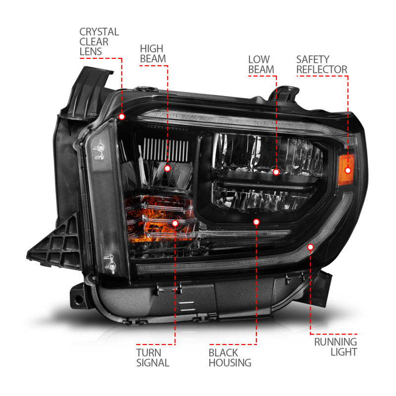 ANZO LED Crystal Headlights for 2014-2021 Toyota Tundra showcasing modern design and bright illumination.