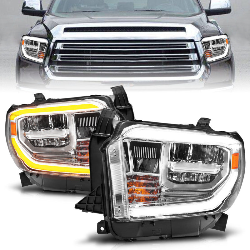 ANZO LED Crystal Headlights for 2014-2021 Toyota Tundra with switchback chrome feature, showcasing modern design and enhanced visibility.