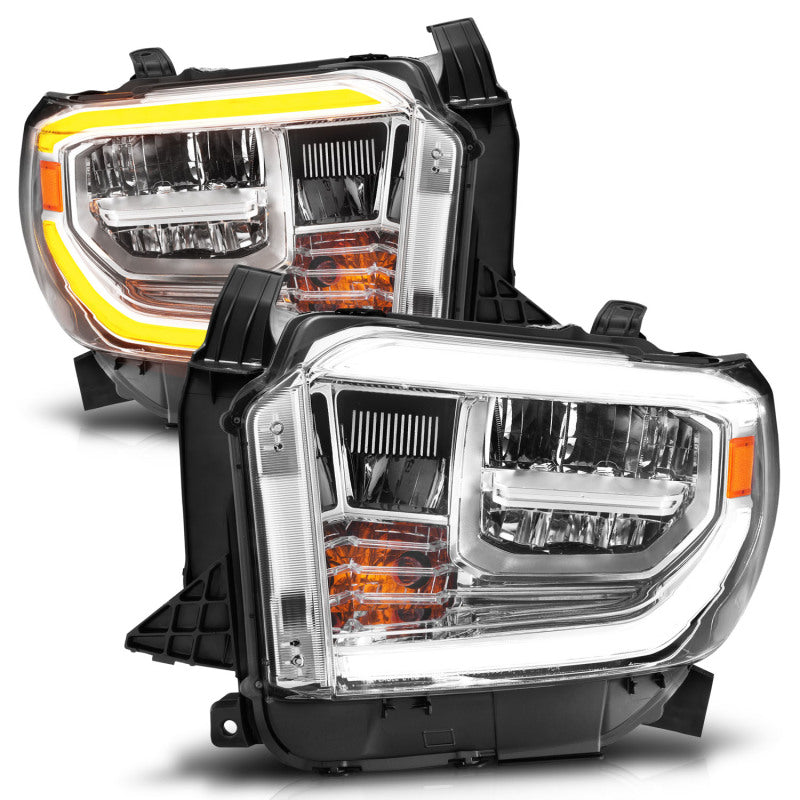 ANZO LED Crystal Headlights for 2014-2021 Toyota Tundra with switchback chrome feature, showcasing modern design and enhanced visibility.