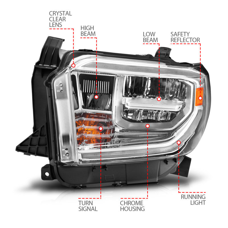 ANZO LED Crystal Headlights for 2014-2021 Toyota Tundra with switchback chrome feature, showcasing modern design and enhanced visibility.