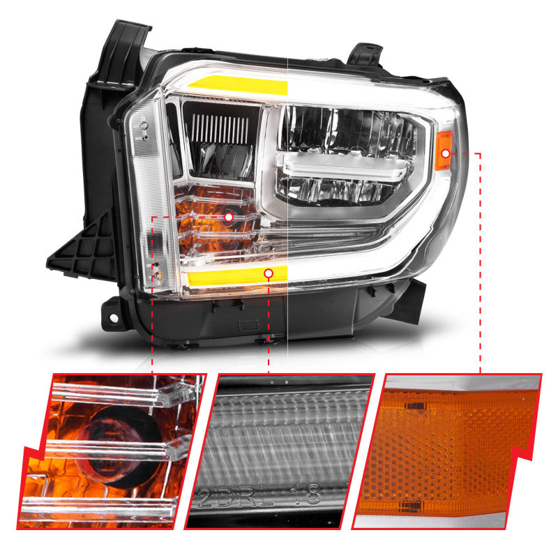 ANZO LED Crystal Headlights for 2014-2021 Toyota Tundra with switchback chrome feature, showcasing modern design and enhanced visibility.