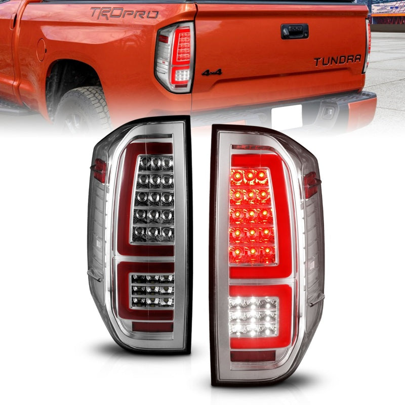 ANZO LED taillights for 2014-2021 Toyota Tundra featuring chrome housing and clear lens, enhancing vehicle visibility and style.