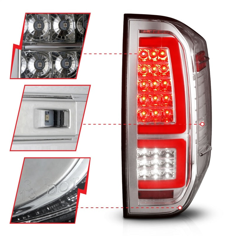 ANZO LED taillights for 2014-2021 Toyota Tundra featuring chrome housing and clear lens, enhancing vehicle visibility and style.