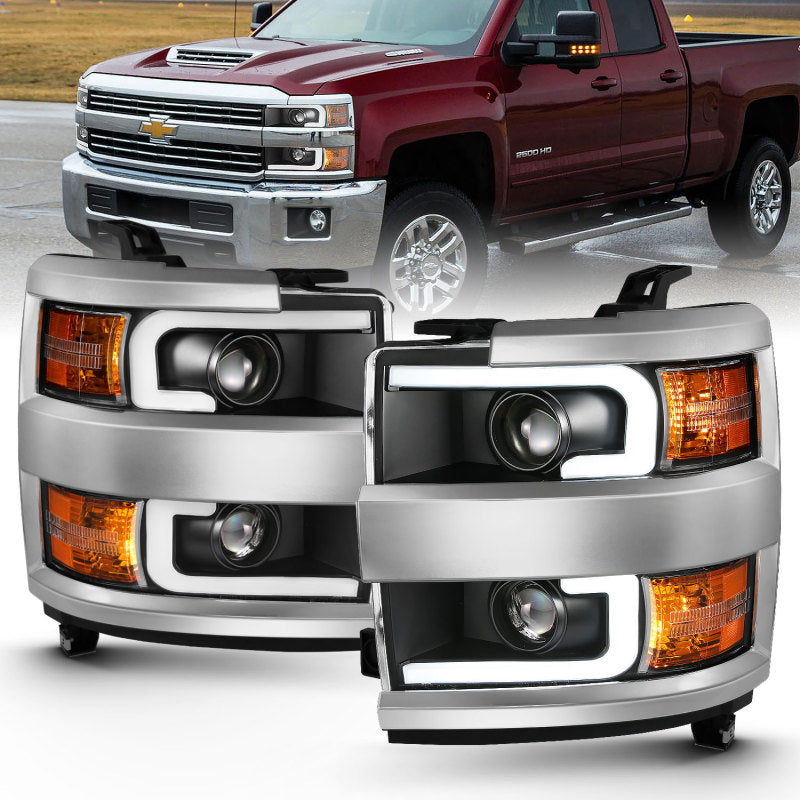 ANZO 2015-2016 Chevrolet Silverado Projector Headlights with plank style design, showcasing modern aesthetics and superior light output.