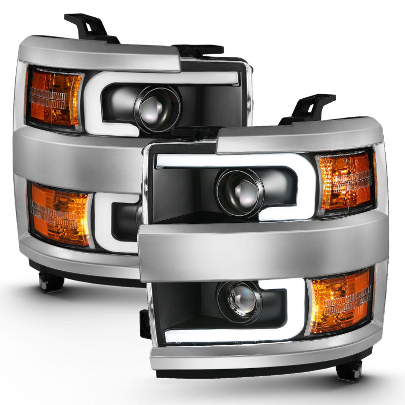 ANZO 2015-2016 Chevrolet Silverado Projector Headlights with plank style design, showcasing modern aesthetics and superior light output.