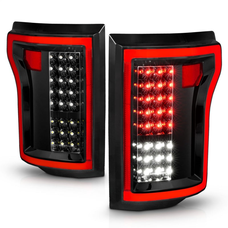 ANZO 2015-2016 Ford F-150 LED taillights in black with clear lens and chrome housing.