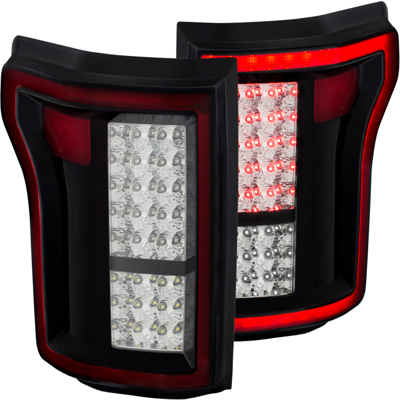 ANZO LED taillights for 2015-2016 Ford F-150 in red and clear design, showcasing chrome housing and clear lens.