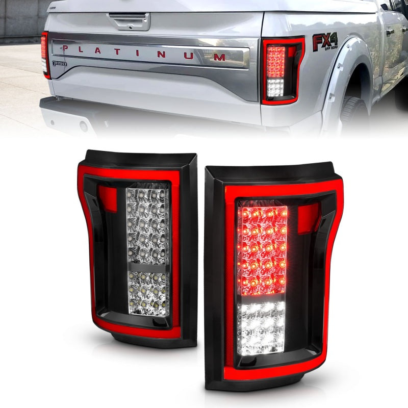 ANZO LED taillights for 2015-2016 Ford F-150 in red and clear design, showcasing chrome housing and clear lens.