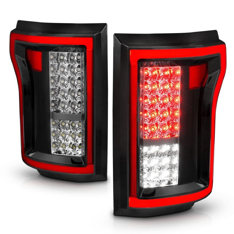 ANZO LED taillights for 2015-2016 Ford F-150 in red and clear design, showcasing chrome housing and clear lens.