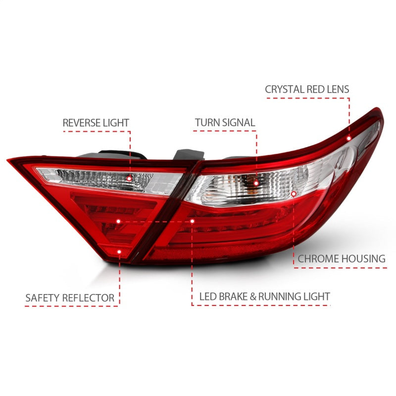 ANZO LED taillights for 2015-2016 Toyota Camry in red and clear design, showcasing modern styling and enhanced visibility.