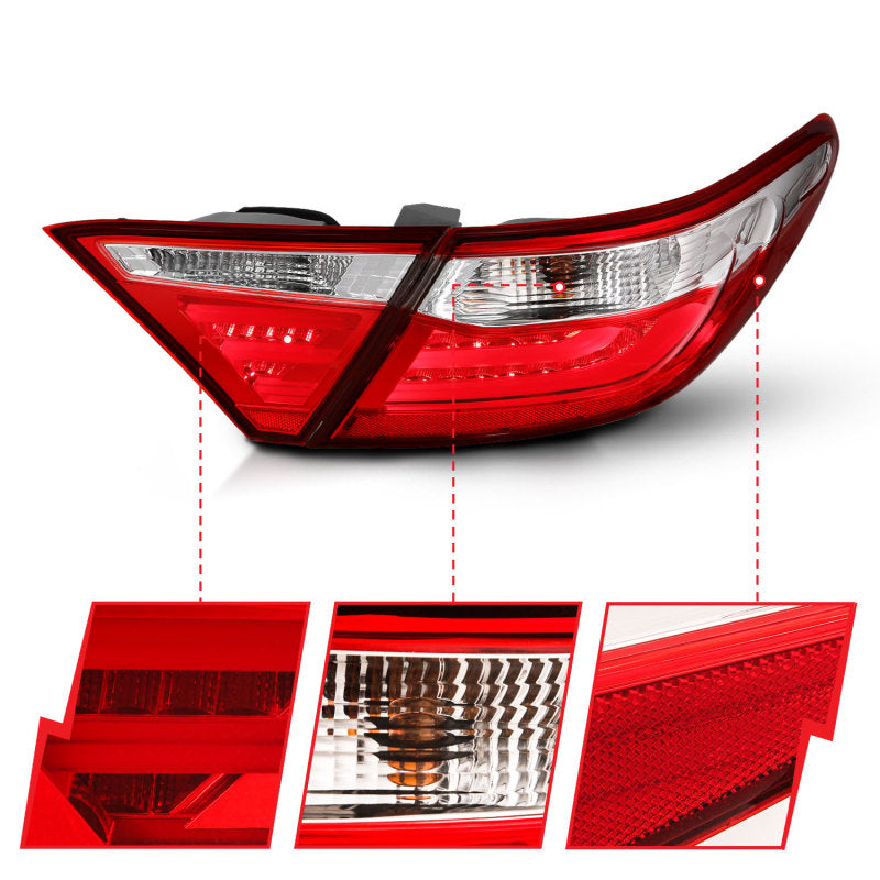 ANZO LED taillights for 2015-2016 Toyota Camry in red and clear design, showcasing modern styling and enhanced visibility.