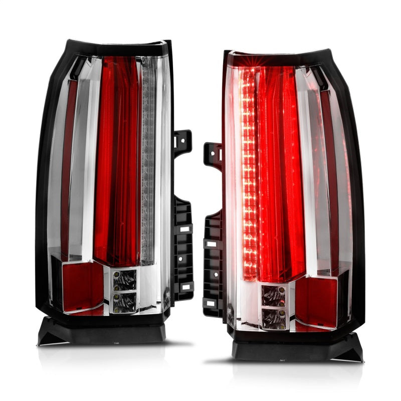 ANZO LED taillights for 2015-2017 Chevrolet Suburban and Tahoe with chrome housing, showcasing modern design and bright LED illumination.