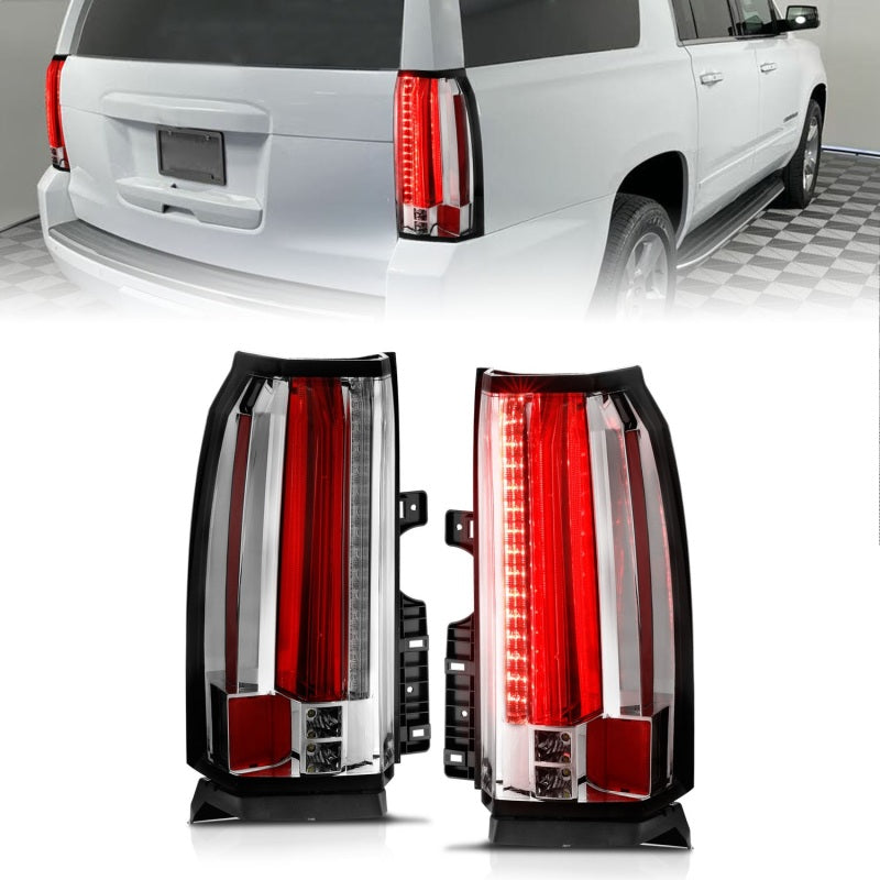 ANZO LED taillights for 2015-2017 Chevrolet Suburban and Tahoe with chrome housing, showcasing modern design and bright LED illumination.