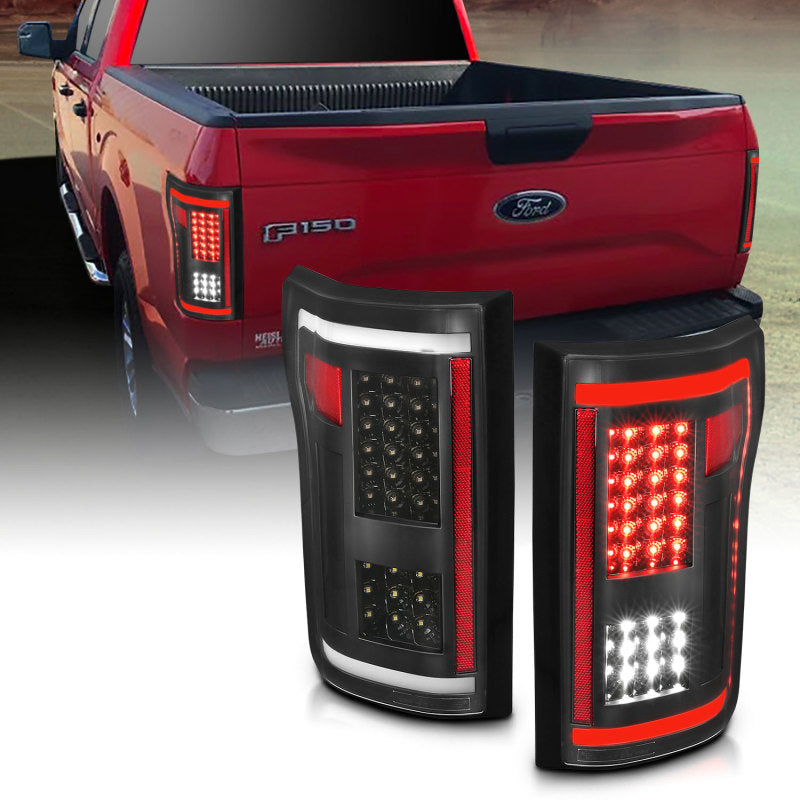 ANZO LED Taillights for 2015-2017 Ford F-150 in sleek black finish, showcasing modern design and enhanced visibility.