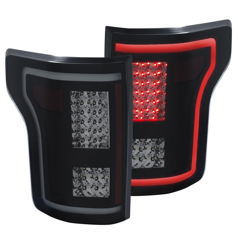 ANZO LED Taillights for 2015-2017 Ford F-150 in smoke finish, showcasing modern design and enhanced visibility.