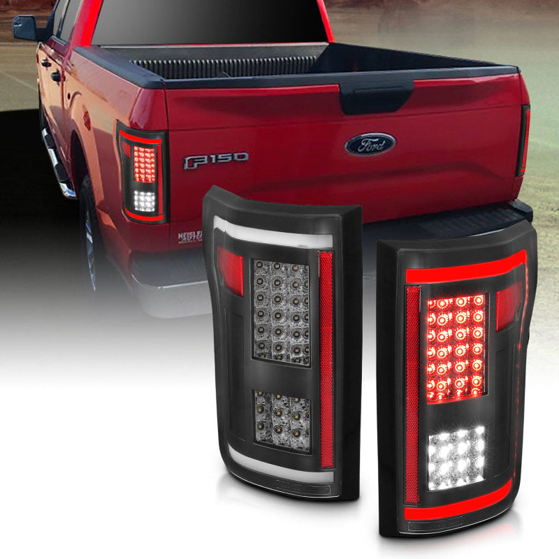 ANZO LED Taillights for 2015-2017 Ford F-150 in smoke finish, showcasing modern design and enhanced visibility.