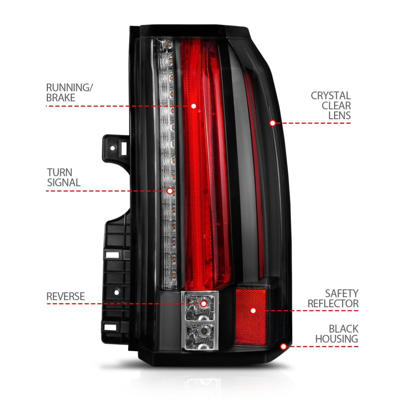 ANZO LED taillights for 2015-2017 GMC Yukon in sleek black housing, showcasing modern design and enhanced visibility.