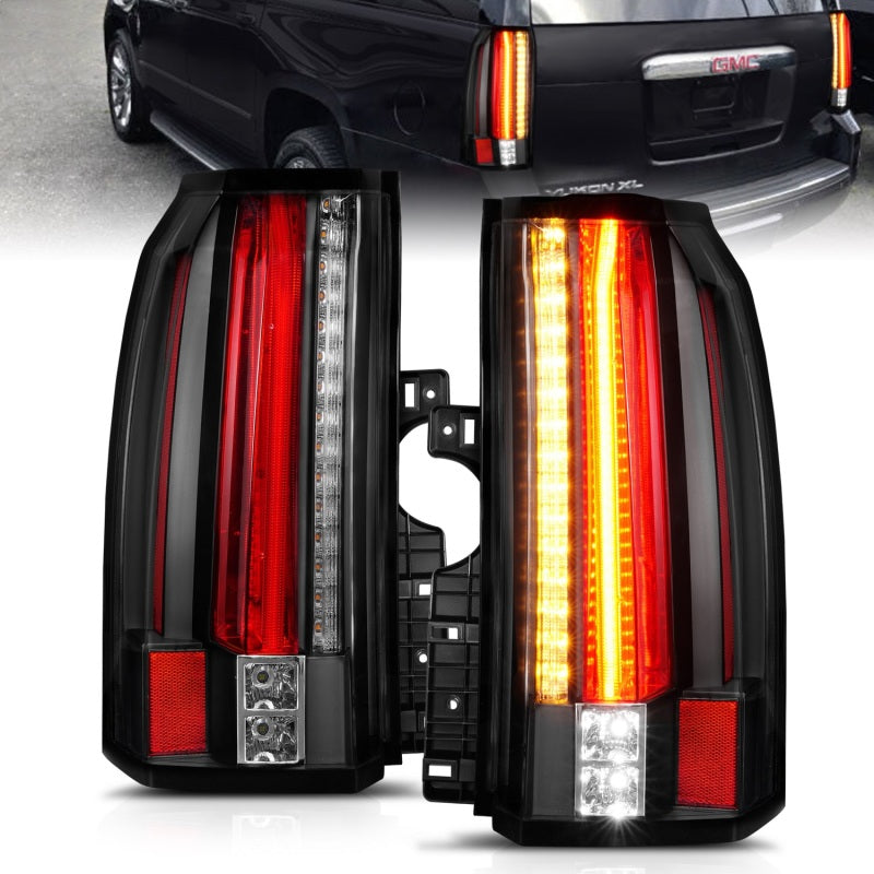 ANZO LED taillights for 2015-2017 GMC Yukon in sleek black housing, showcasing modern design and enhanced visibility.