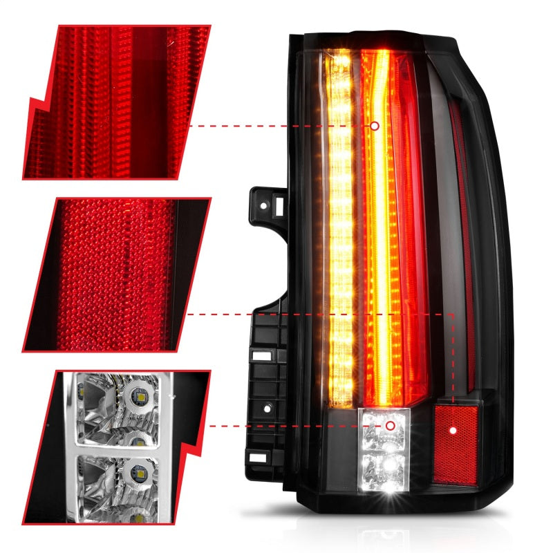 ANZO LED taillights for 2015-2017 GMC Yukon in sleek black housing, showcasing modern design and enhanced visibility.