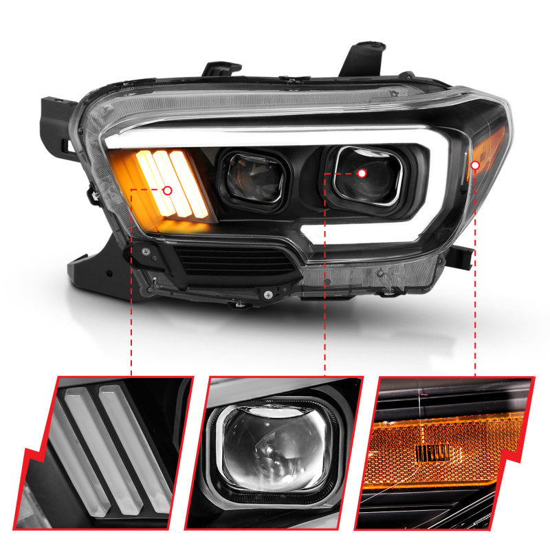 ANZO 2016-2017 Toyota Tacoma Projector Headlights with plank style design, showcasing modern aesthetics and superior illumination.