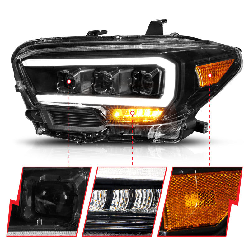 ANZO TRD LED projector headlights for 2016-2017 Toyota Tacoma with clear lens and black housing.