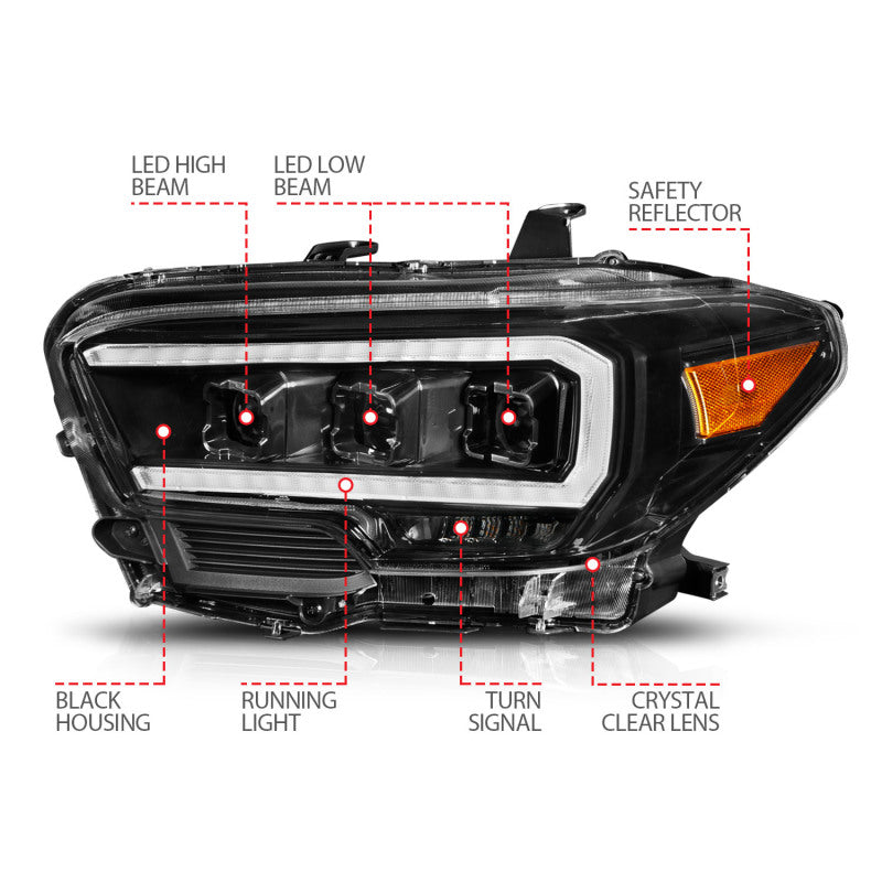 ANZO TRD LED projector headlights for 2016-2017 Toyota Tacoma with clear lens and black housing.