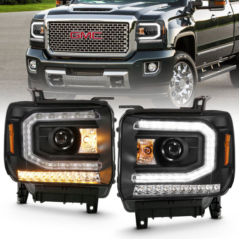 ANZO 2016-2019 GMC Sierra 1500 projector headlights in plank style black finish, showcasing modern design and superior lighting technology.