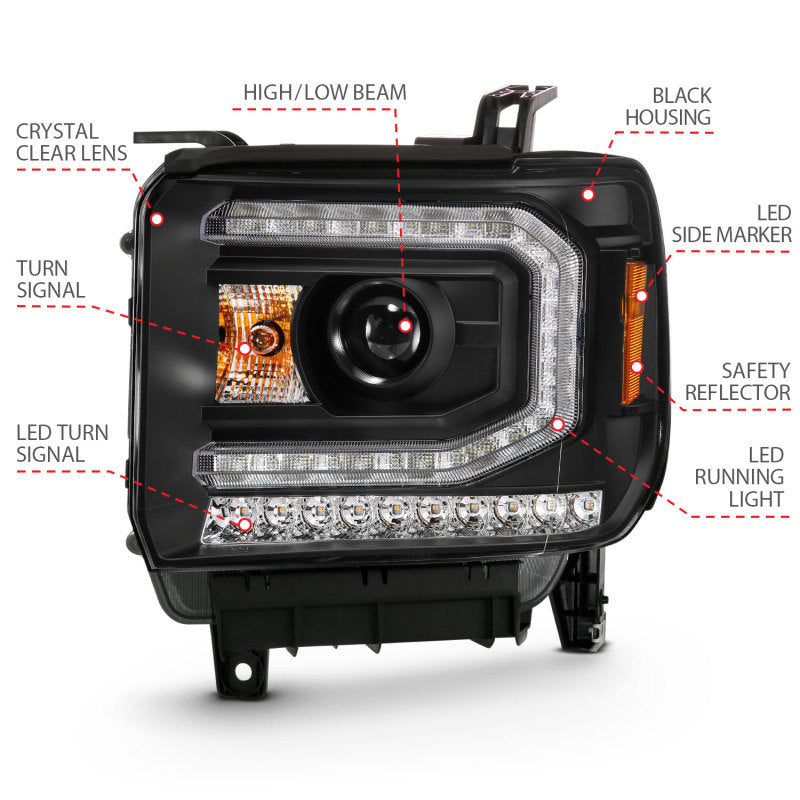 ANZO 2016-2019 GMC Sierra 1500 projector headlights in plank style black finish, showcasing modern design and superior lighting technology.