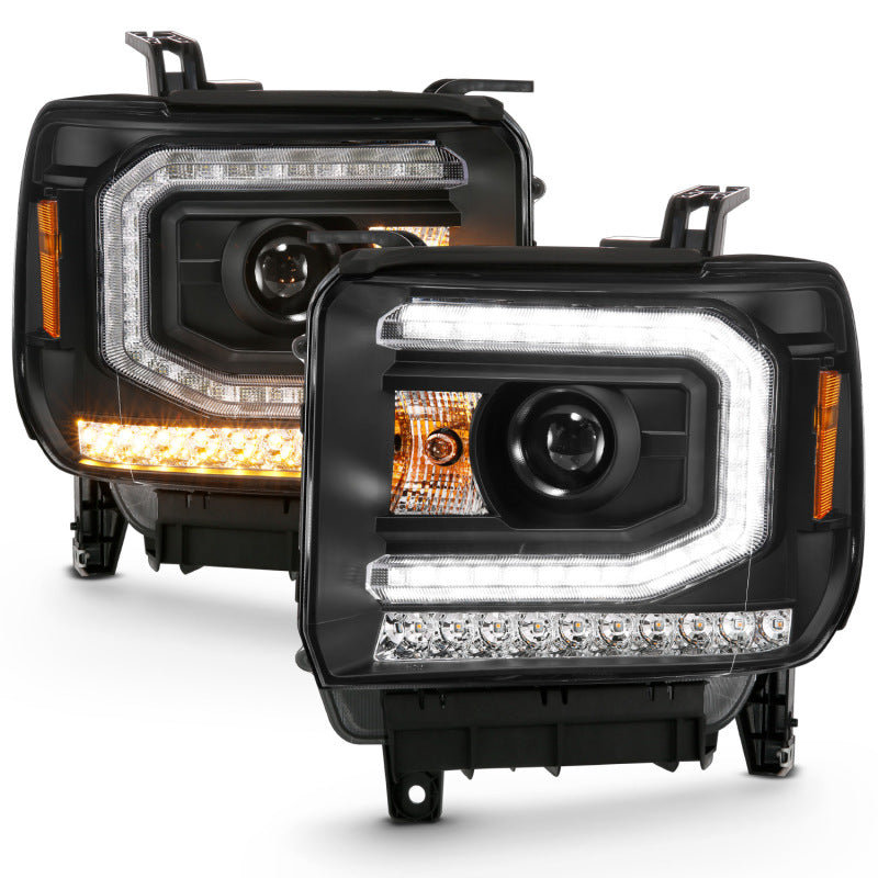 ANZO 2016-2019 GMC Sierra 1500 projector headlights in plank style black finish, showcasing modern design and superior lighting technology.