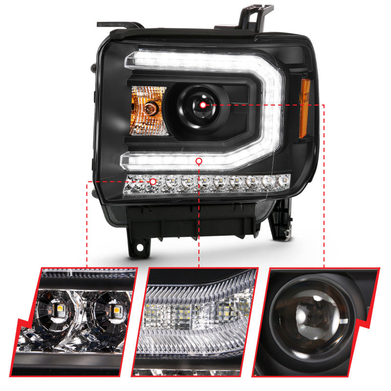 ANZO 2016-2019 GMC Sierra 1500 projector headlights in plank style black finish, showcasing modern design and superior lighting technology.