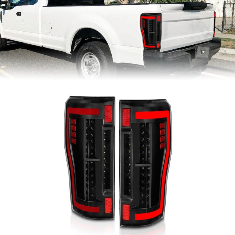 ANZO 2017+ Ford F-250 LED Taillights in Black and Clear, showcasing modern design and enhanced visibility.