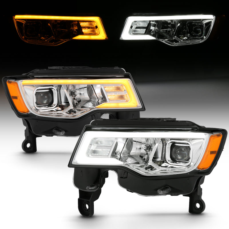 ANZO 2017-2018 Jeep Grand Cherokee Projector Headlights with plank style design, showcasing modern aesthetics and superior illumination.