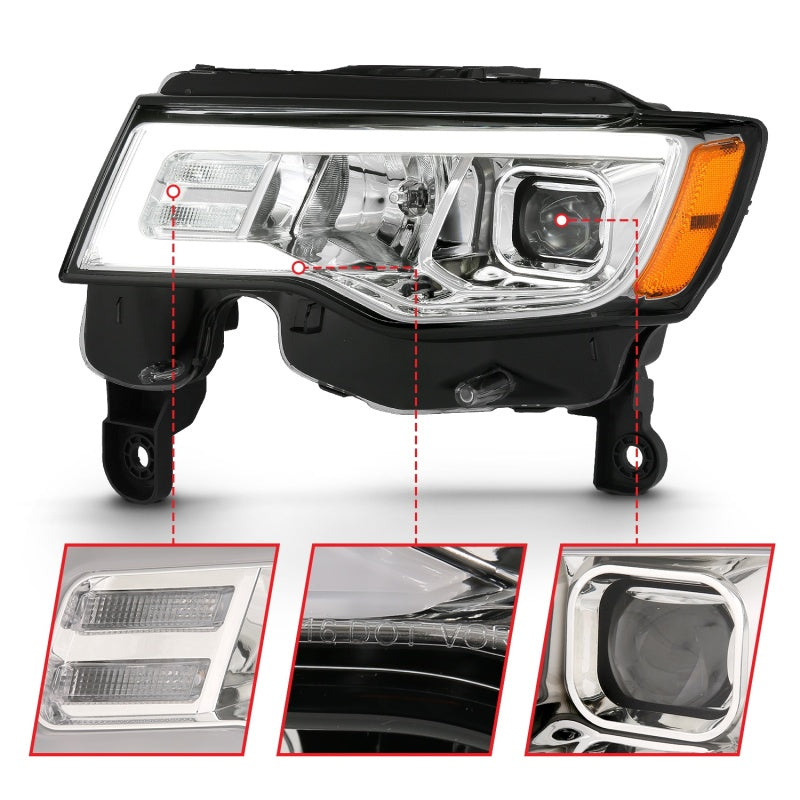 ANZO 2017-2018 Jeep Grand Cherokee Projector Headlights with plank style design, showcasing modern aesthetics and superior illumination.