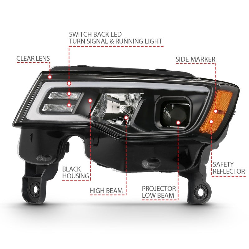 ANZO 2017-2018 Jeep Grand Cherokee Projector Headlights with plank style design, showcasing modern aesthetics and superior illumination.