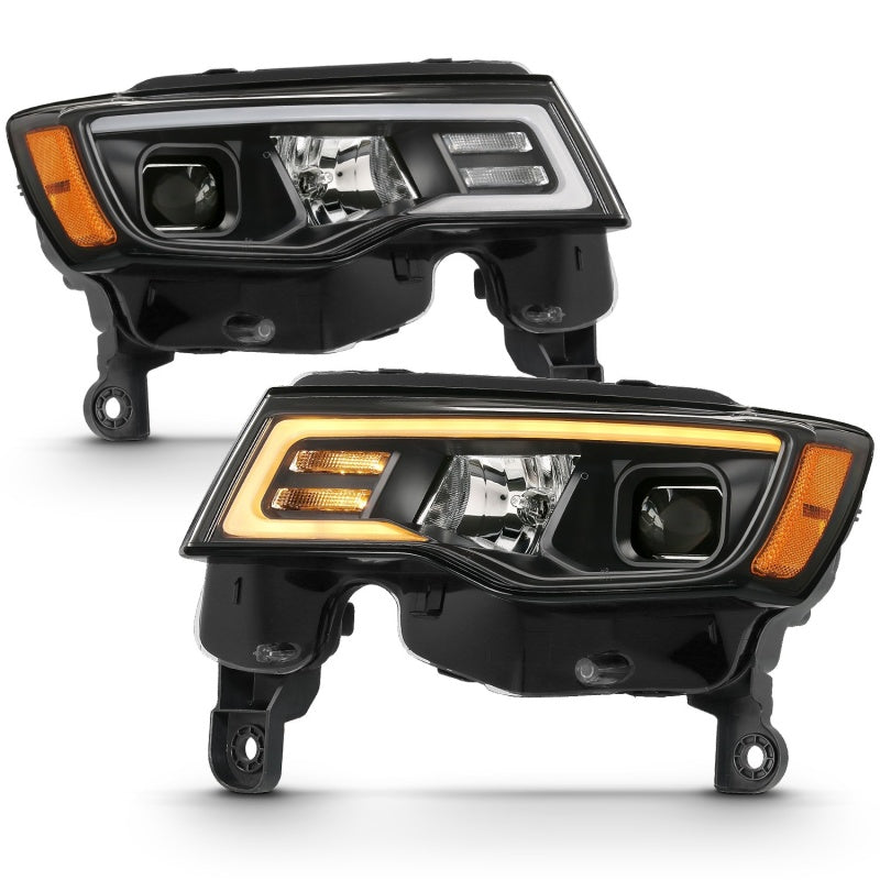 ANZO 2017-2018 Jeep Grand Cherokee Projector Headlights with plank style design, showcasing modern aesthetics and superior illumination.