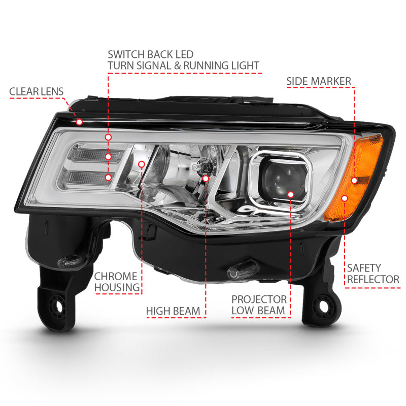 ANZO 2017-2018 Jeep Grand Cherokee Projector Headlights with plank style design, showcasing modern aesthetics and superior illumination.