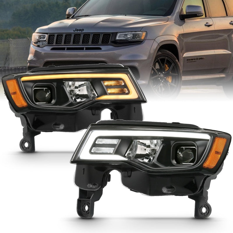 ANZO 2017-2018 Jeep Grand Cherokee Projector Headlights with plank style design, showcasing modern aesthetics and superior illumination.