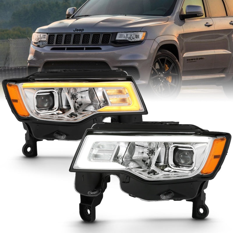 ANZO 2017-2018 Jeep Grand Cherokee Projector Headlights with plank style design, showcasing modern aesthetics and superior illumination.