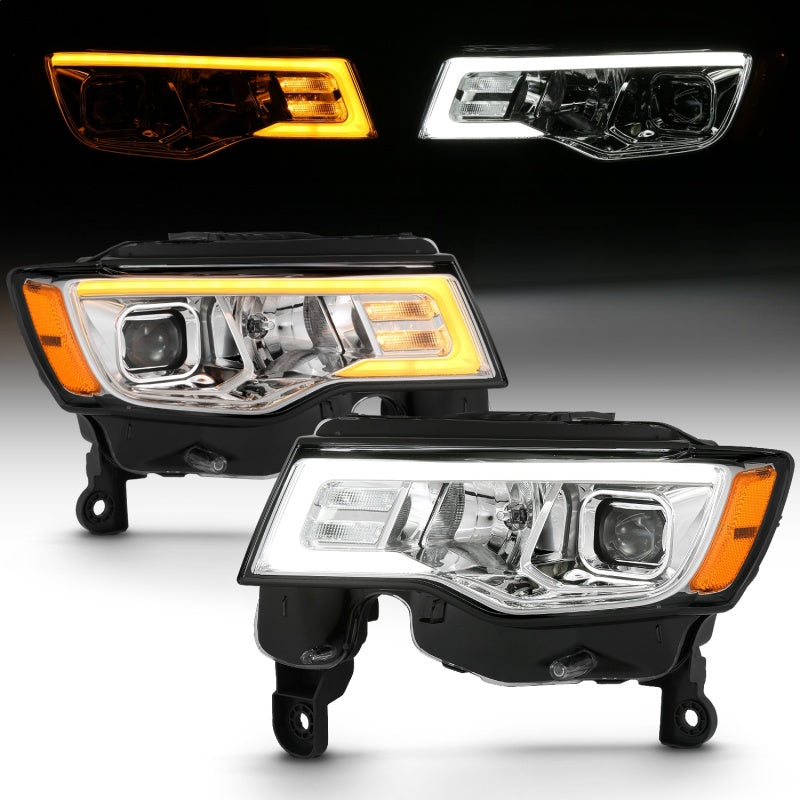 ANZO 2017-2018 Jeep Grand Cherokee Projector Headlights with plank style design, showcasing modern aesthetics and superior illumination.