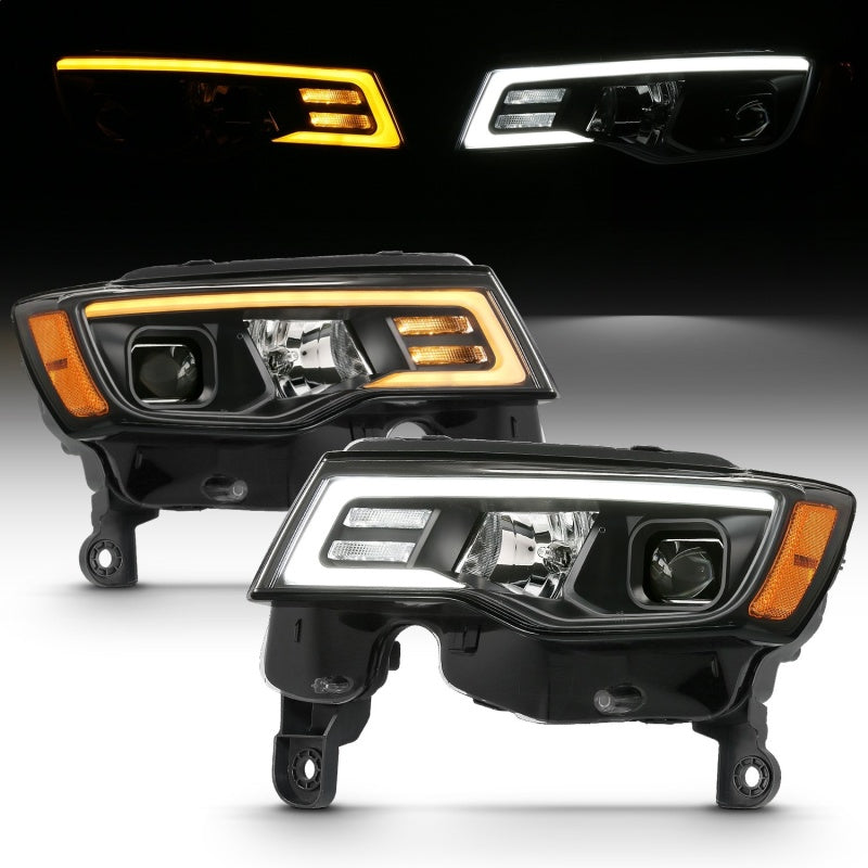 ANZO 2017-2018 Jeep Grand Cherokee Projector Headlights with plank style design, showcasing modern aesthetics and superior illumination.