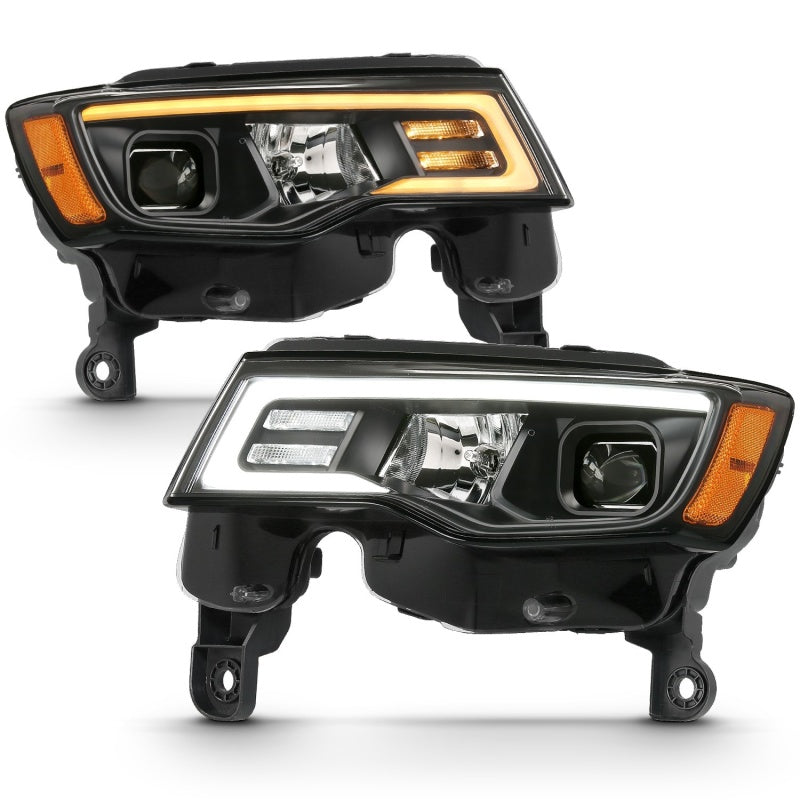 ANZO 2017-2018 Jeep Grand Cherokee Projector Headlights with plank style design, showcasing modern aesthetics and superior illumination.