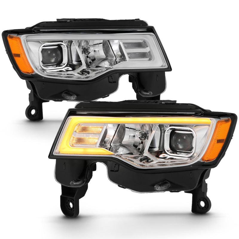 ANZO 2017-2018 Jeep Grand Cherokee Projector Headlights with plank style design, showcasing modern aesthetics and superior illumination.