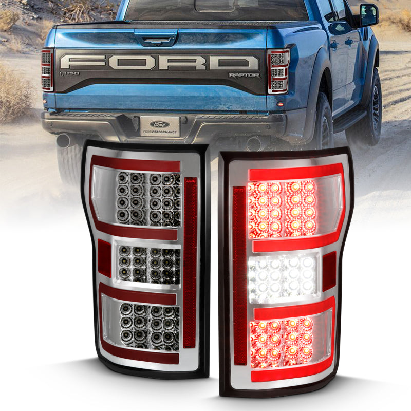 ANZO LED Taillight for 2018-2019 Ford F-150 featuring a chrome housing and red light bar, enhancing vehicle visibility and style.