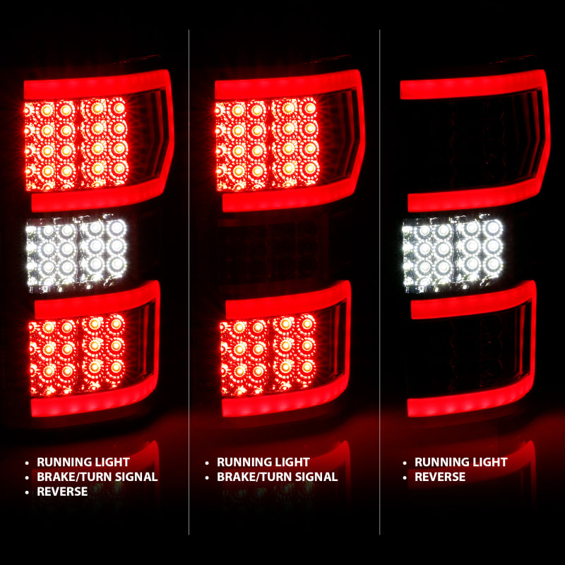 ANZO LED Taillight for 2018-2019 Ford F-150 featuring a chrome housing and red light bar, enhancing vehicle visibility and style.