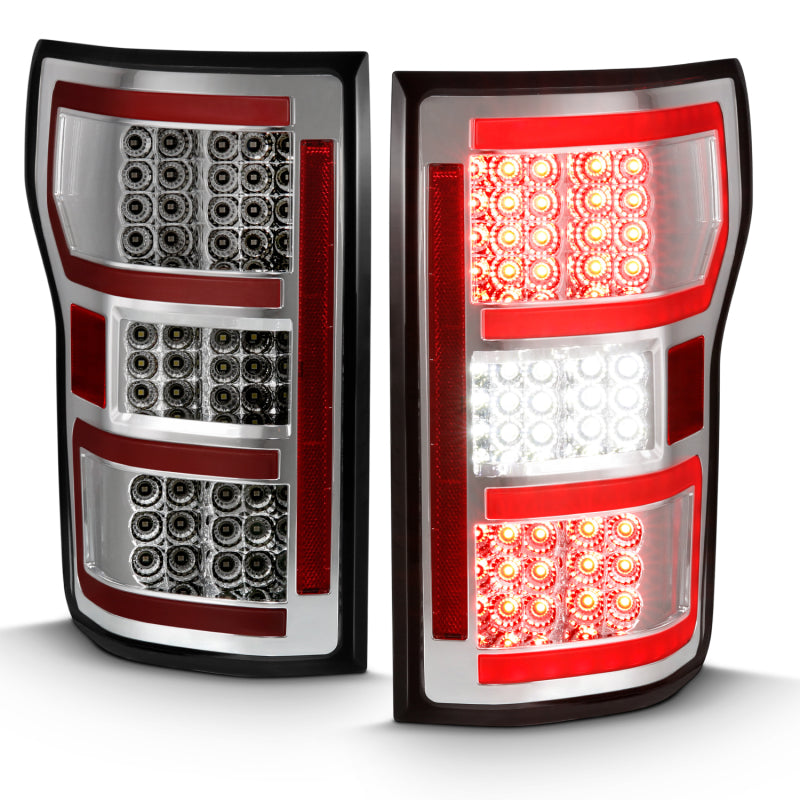 ANZO LED Taillight for 2018-2019 Ford F-150 featuring a chrome housing and red light bar, enhancing vehicle visibility and style.