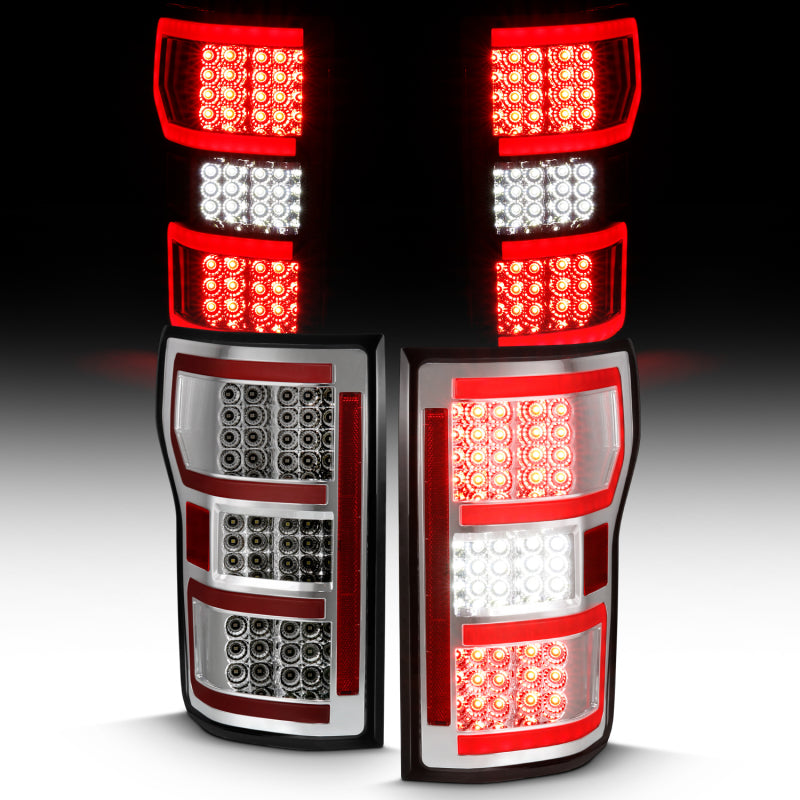 ANZO LED Taillight for 2018-2019 Ford F-150 featuring a chrome housing and red light bar, enhancing vehicle visibility and style.