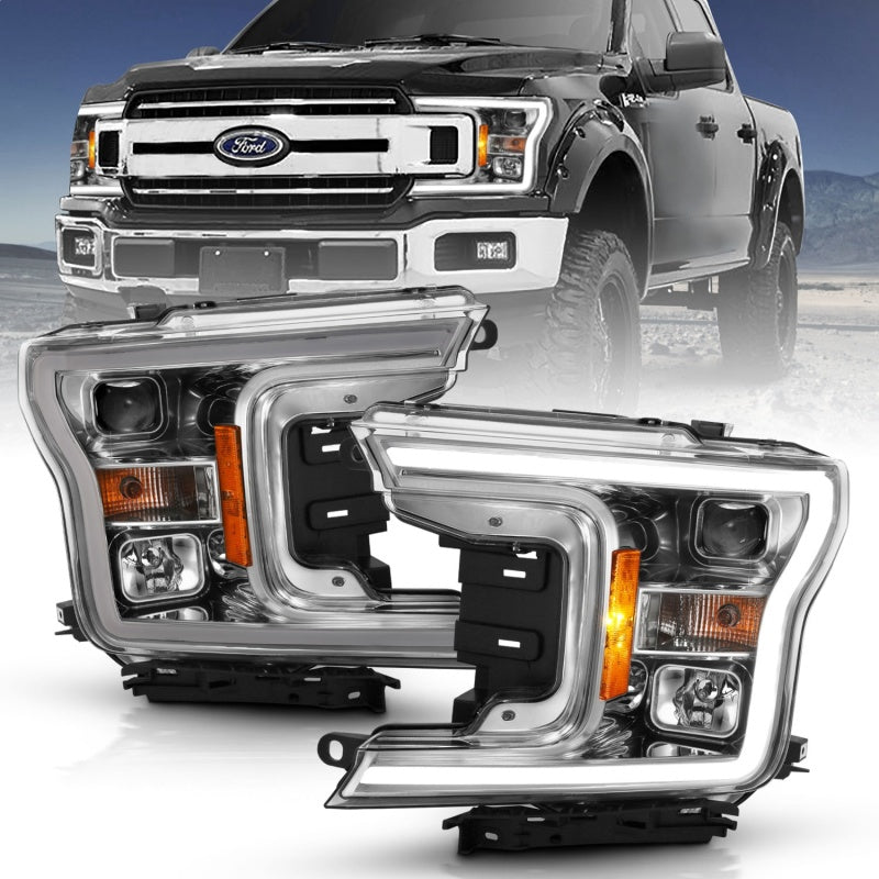 ANZO 2018-2019 Ford F-150 Projector Headlight Set with Halo, Clear Lens, and Black Housing.